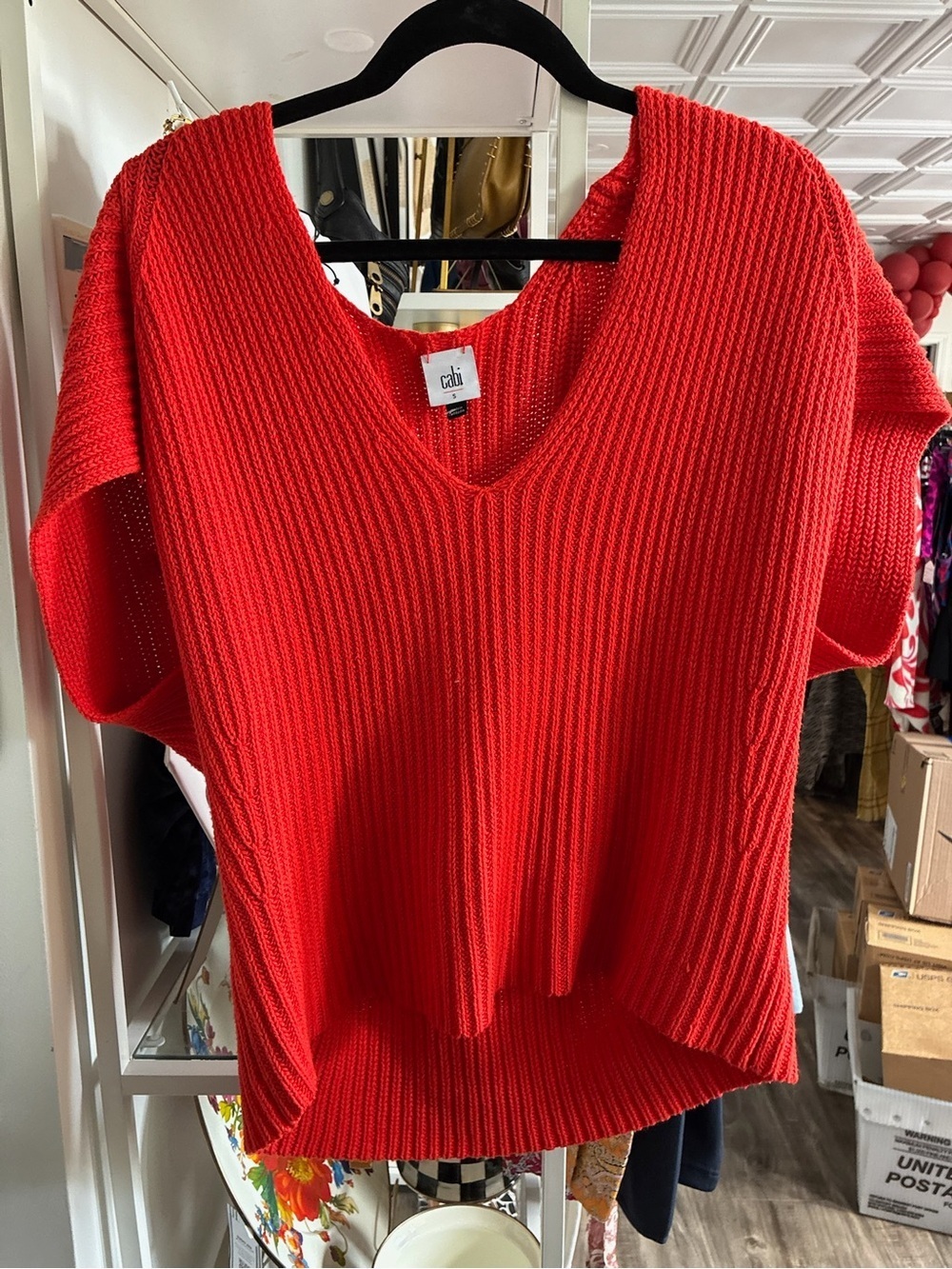 CAbi Bright blood orange Red Ribbed V-Neck Sweater